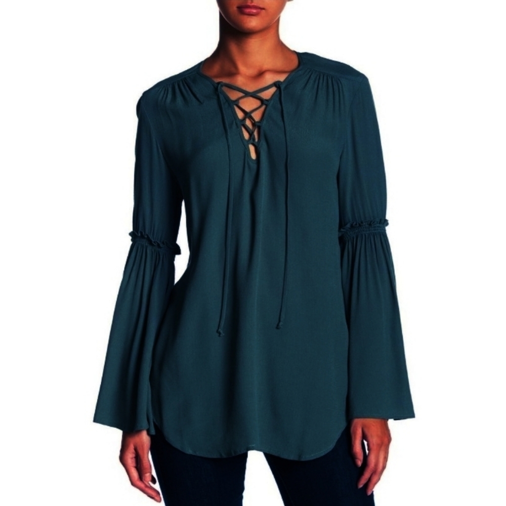 FIFTEEN TWENTY Dark Teal Bell Flare Sleeve Lace Up Criss Cross Top Medium